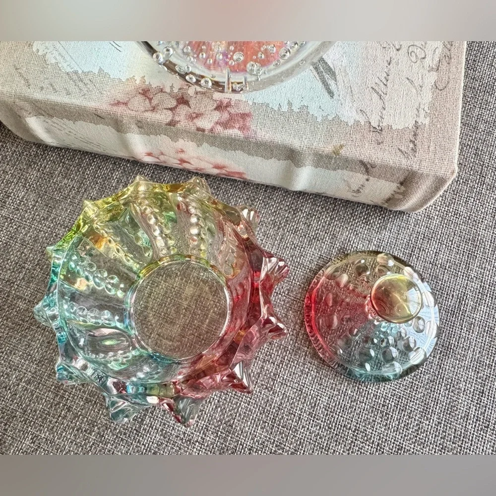 New Rainbow Fluted Knobby Glass Jewelry, Trinket, Candy Dish Decor w/ Lid - 4.5”